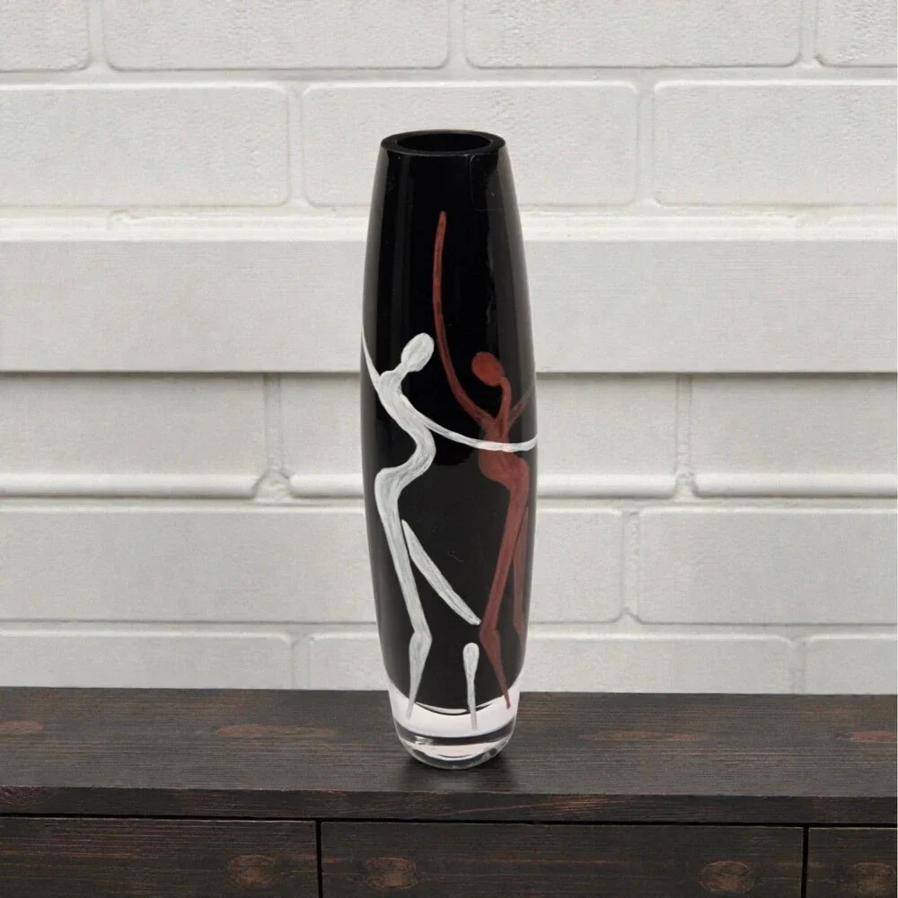 vintage Sasaki Bacchanal Art Glass Vase 11 3/4” Poland Black Hand Painted w/ Box